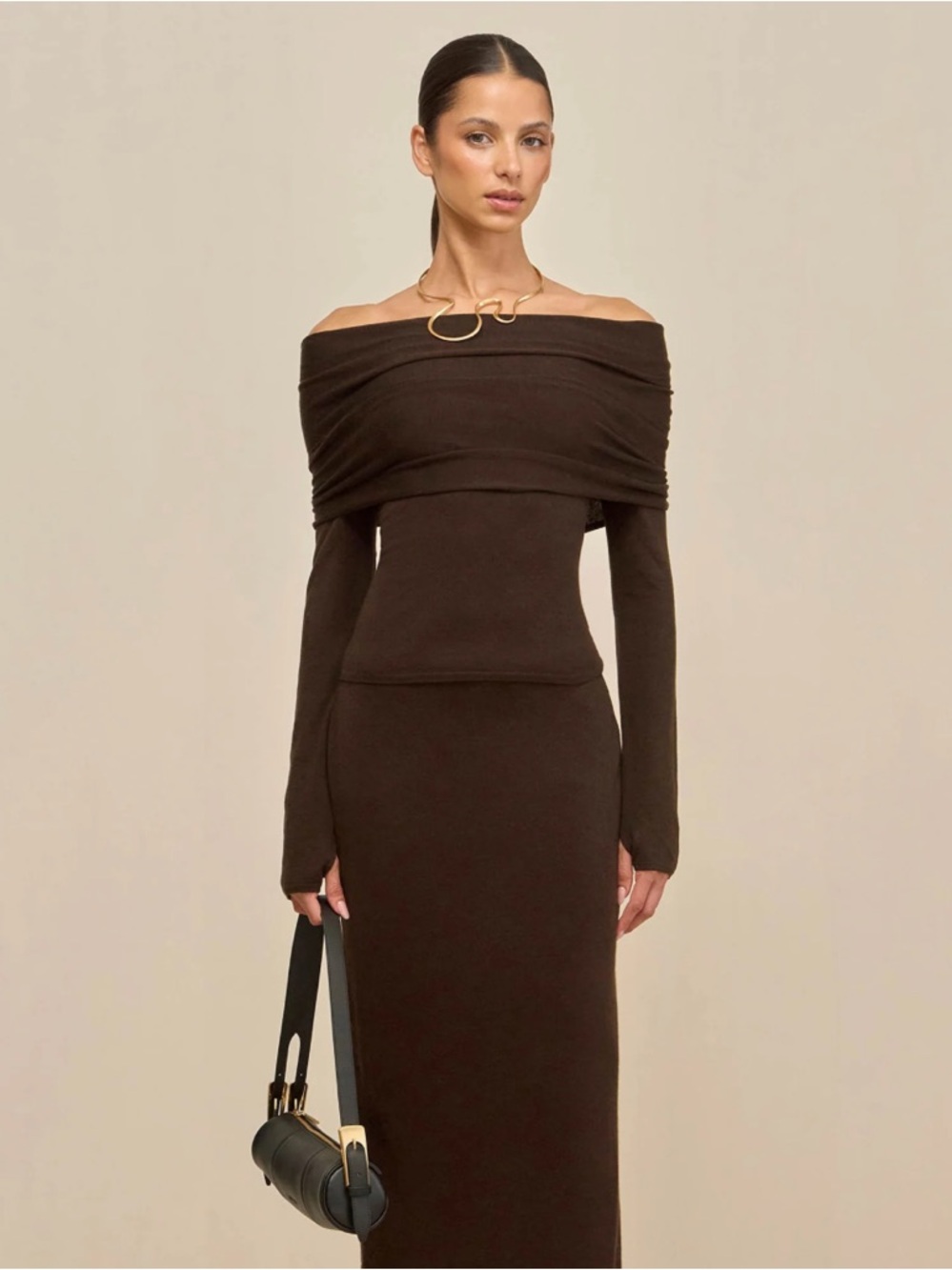 cult gaia Andre Off-Shoulder Long Sleeve Top in Dark Brown